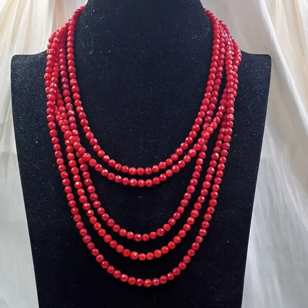 

6mm Multi Strand 5-Strand Women Wedding Jewelry Faceted Round Natural Sea Bamboo Red Coral Necklace 18-20inch