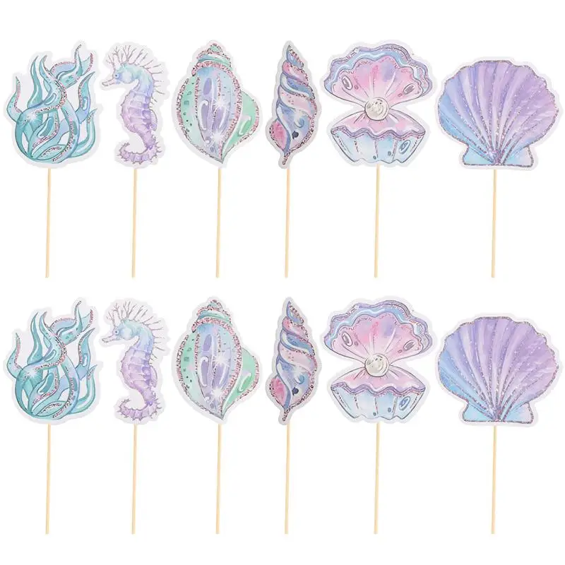 12Pcs Glitter Mermaid Cupcake Toppers Mermaid Seahorse Star fish Cake Topper Dessert cake picks Baby Shower Birthday party Decor