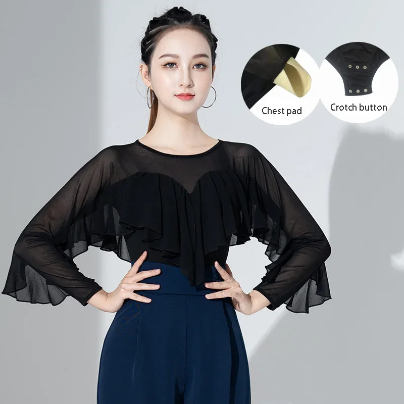 2023 NEW Adult Women Ballroom Costume Modern Latin Dance Top Chest Pad Long-sleeved Chiffon Lady Sexy Mesh Fabric Dancewear