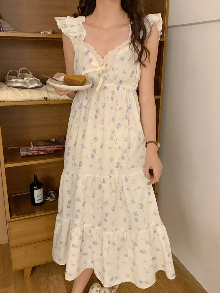 Soft Floral V-Neck Print Home Sweet Sleeveless NightDress Mulheres romance francês Strapless Loose Lace Estilo coreano Sleepwear Ins