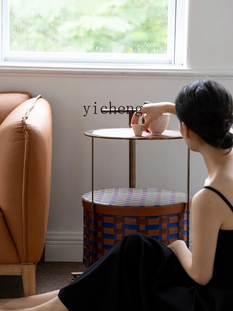 

ZYA braided stainless steel double-layer cart coffee table movable side storage basket office decoration