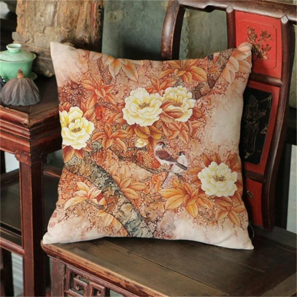 CIFBUY Chinese Style Peony Flowers Printed Linen Cushion Cover Decorative Throw Pillow Case for Sofa Car Home Living Room Decor