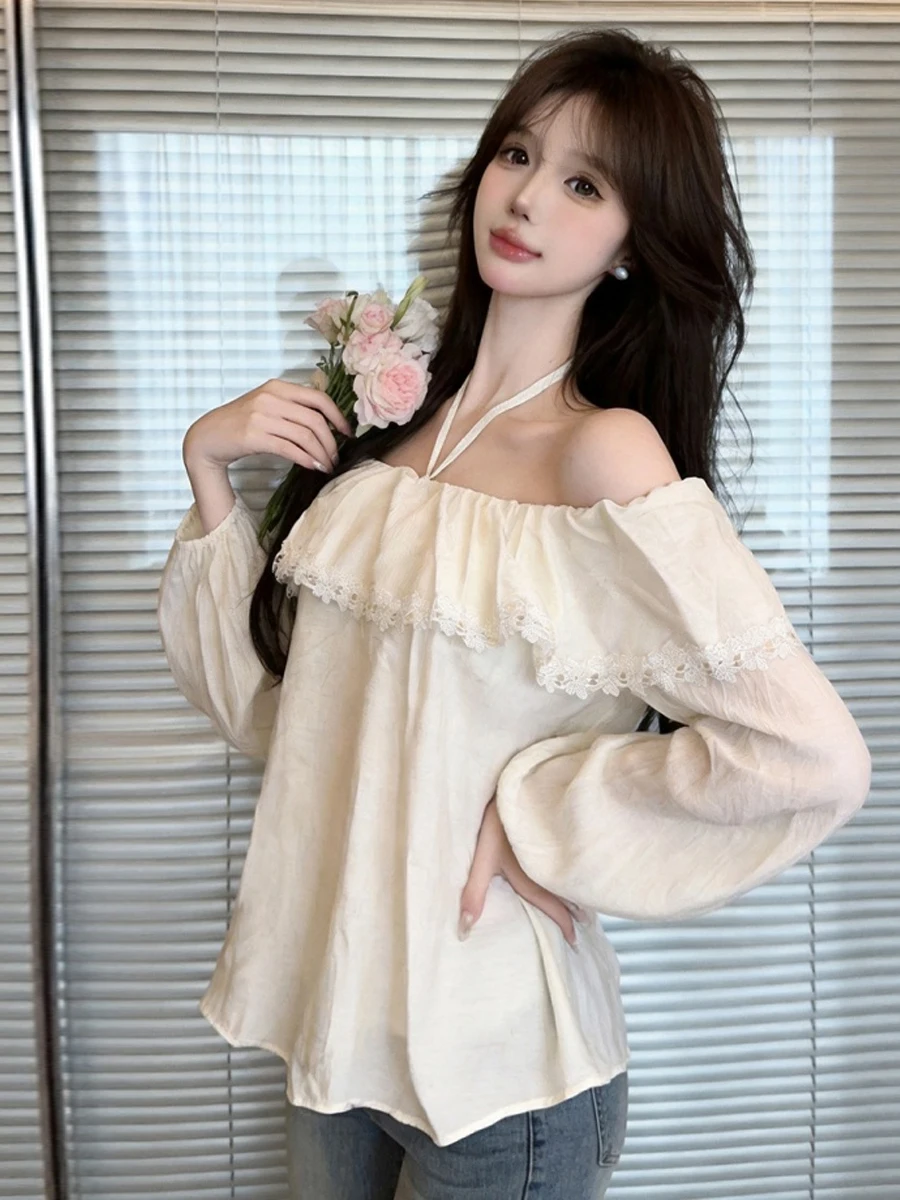 Retro Lace Splice Hanging Neck Design Sensation Gauze  Long Sleeve One Shoulder Bubble Sleeve Shirt Elegant Top