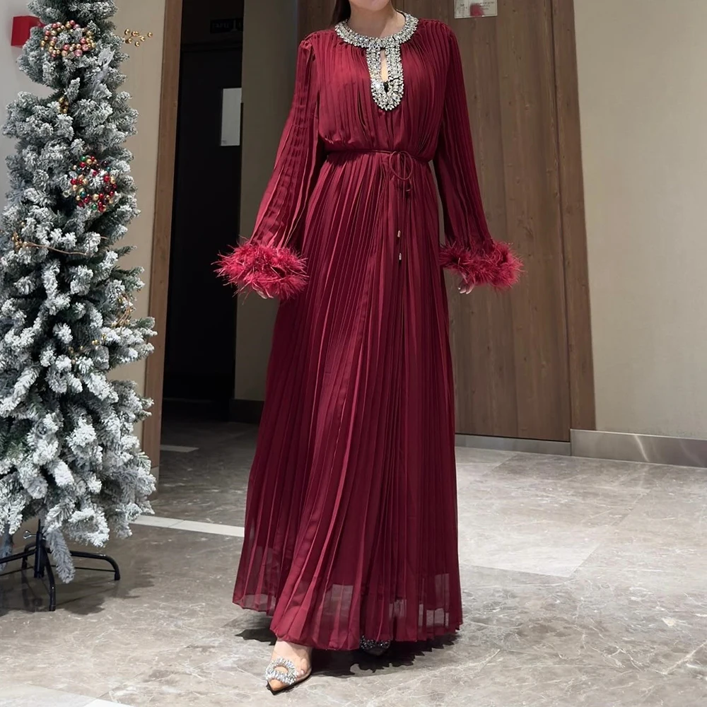 

Customized A-line Evening Dresses Ankle-length O-neck Full Sleeve Prom Gown Fashion Crystal Feathers Simple Draped Party Gown