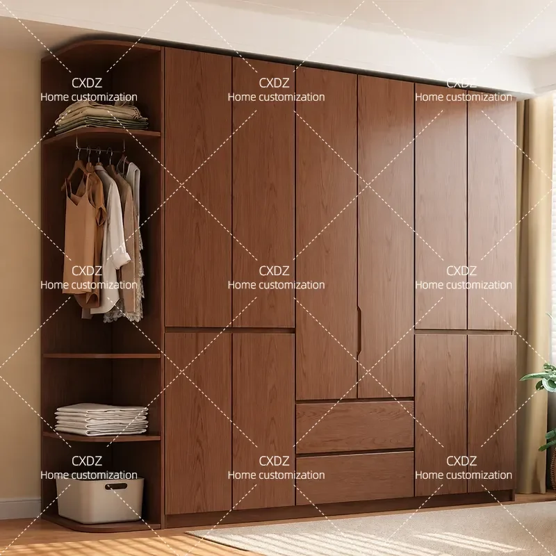 Oak Wardrobe Solid Wood Bedroom Household Free Handle Storage Cabinet Walnut ENF Finished Segmented Wardrobe