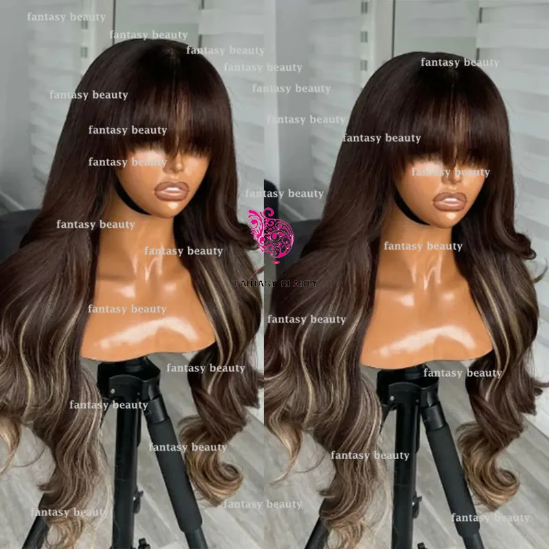Highlights Gold Lace Body Wave 100%Remy Hair Dark Brown bangs 13 x 6 Breathable Front Lace wig High density Lace wig 200 density image 2