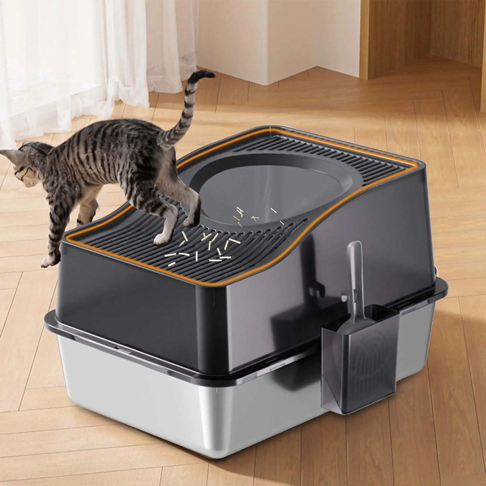 Extra große Katzentoilette aus Edelstahl – Vollständig geschlossener oder offener Einstieg – Hohe Seitenwände, spritzwassergeschützt, Geruchskontrolle, leicht zu reinigende Katzentoilette – Ideal für