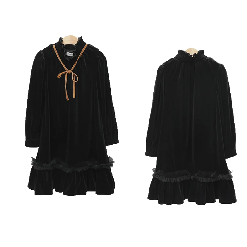 2026 New Autumn Winter Velvet Baby Teen Girls Dress Kids Clothes Children Outfit Long Sleeves Ruffles Casual Dresses Soft Cute