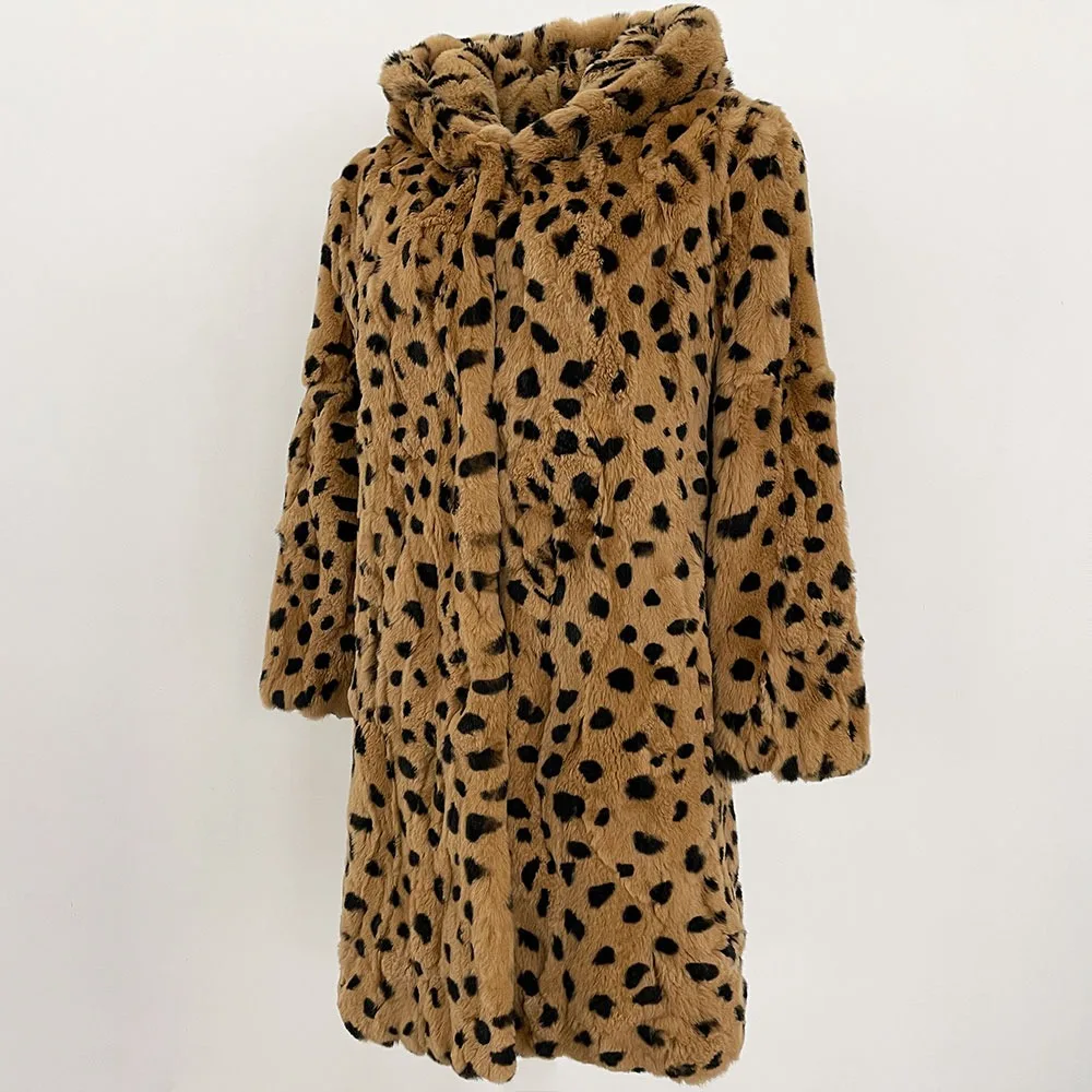 OFTBUY Real Rabbit Fur Jacket Women 2024 New Winter Mid-length Hooded Natural Rabbit Fur Coat Female Warm Leopard Print Fur Coat