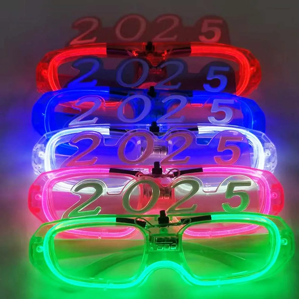 

LED Glow 2025 Happy New Year Glow Glasses Photographic Ornaments Light Up 2025 LED Glow Glasses Colorful Plastic