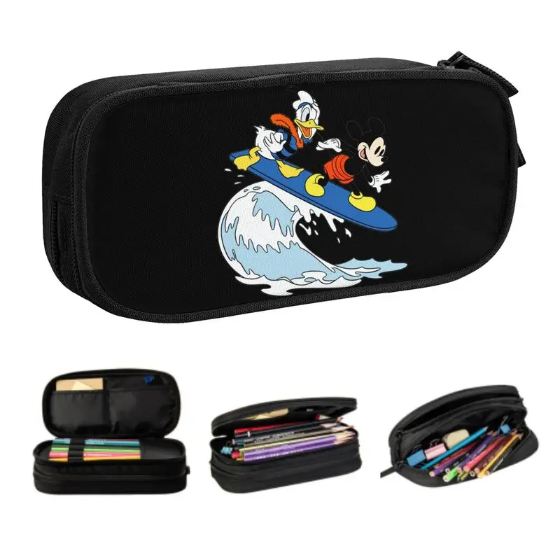 Estojo bonito de Mickey Mouse Surfing, Lápis de grande capacidade, Papelaria para menino e menina, Pato Donald