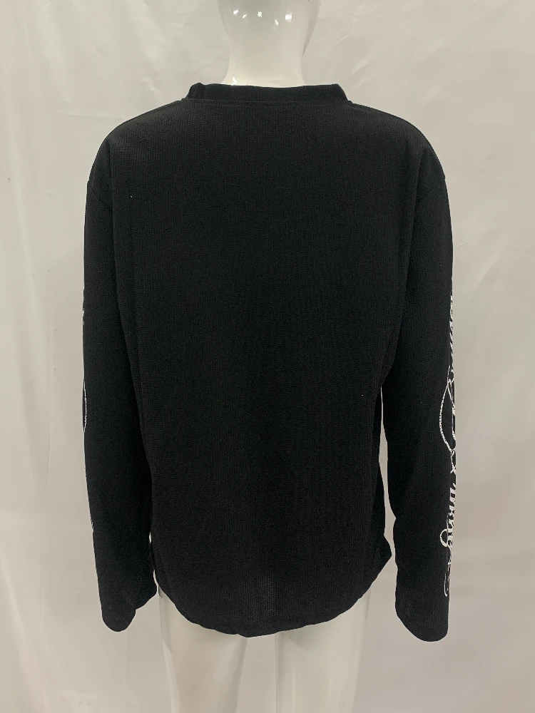 Waffle Long Sleeved Base Shirt Gothic Curly Rhinestone Letter Decoration Round Neck Slim Casual Pullover for Both Men and Women image 4