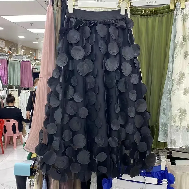 Female All-match Solid Three-dimensional Decoration Skirts Vintage Fashion High Waist Elegant Gauze Skirts Women's Clothing Q937
