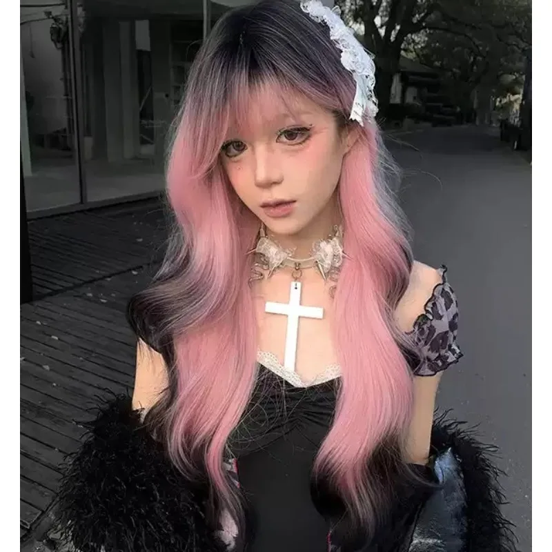 Full‑Head Long Wig, Ombre Pink‑Black Big Wavy Synthetic Wig with Fringe for Girls Cosplay Daily Party Wear