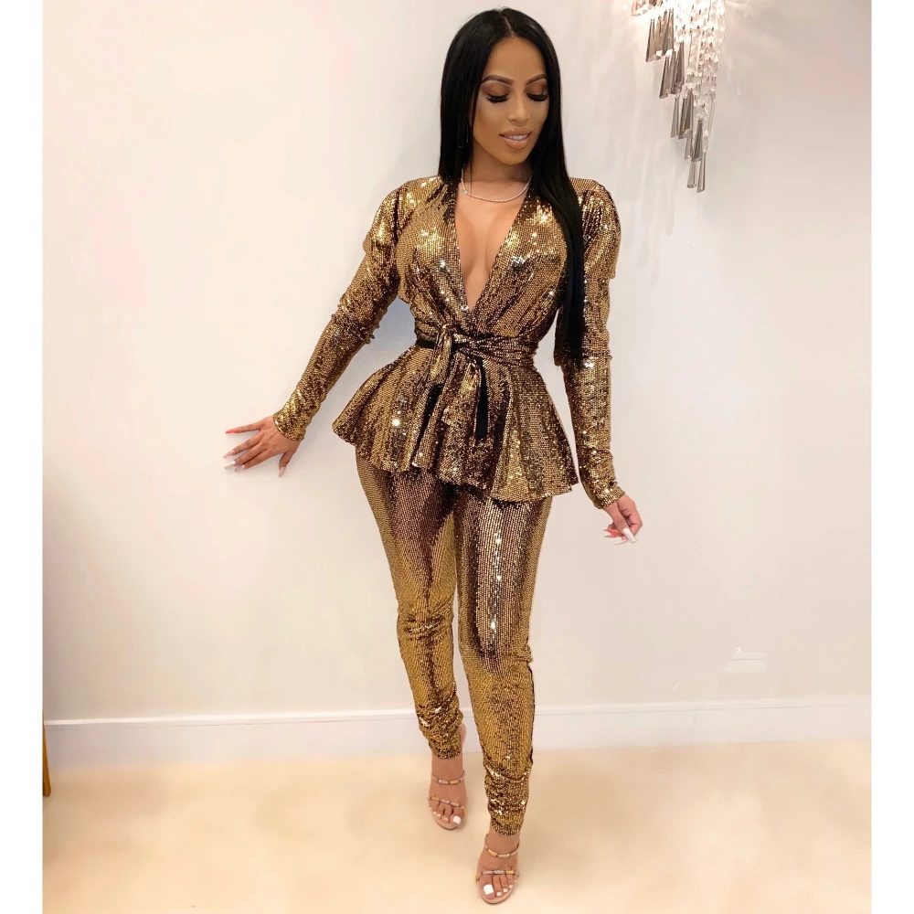 

Doyerl Блестящие наряды для вечеринки, дня рождения, клуба, комплект из двух предметов, женская фестивальная одежда, топ с баской и брюки с v-образным вырезом, одинаковые комплекты костюмов