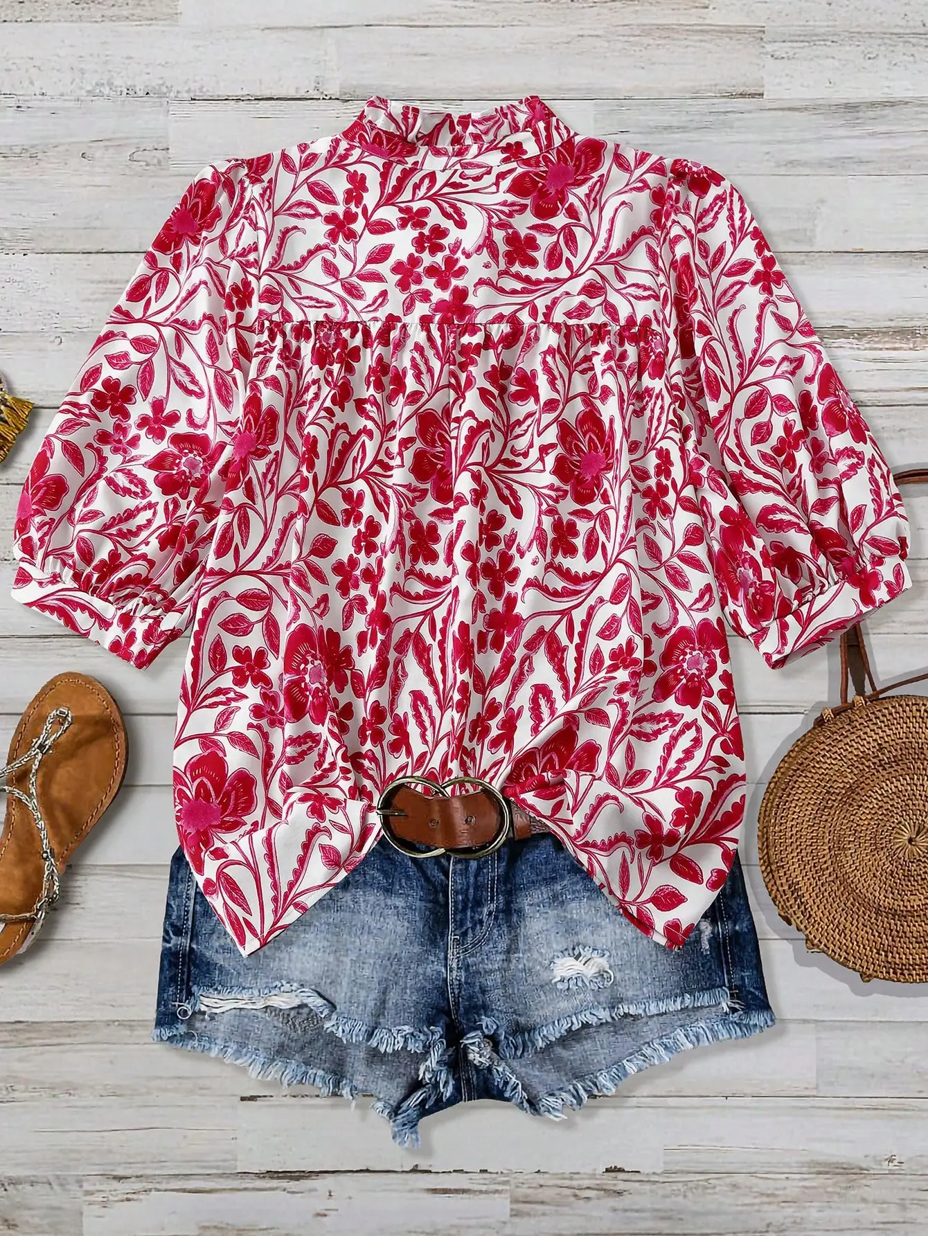 

Свободная блузка с цветочным принтом и рюшами на воротнике, с коротким рукавом, повседневный топ для отпуска