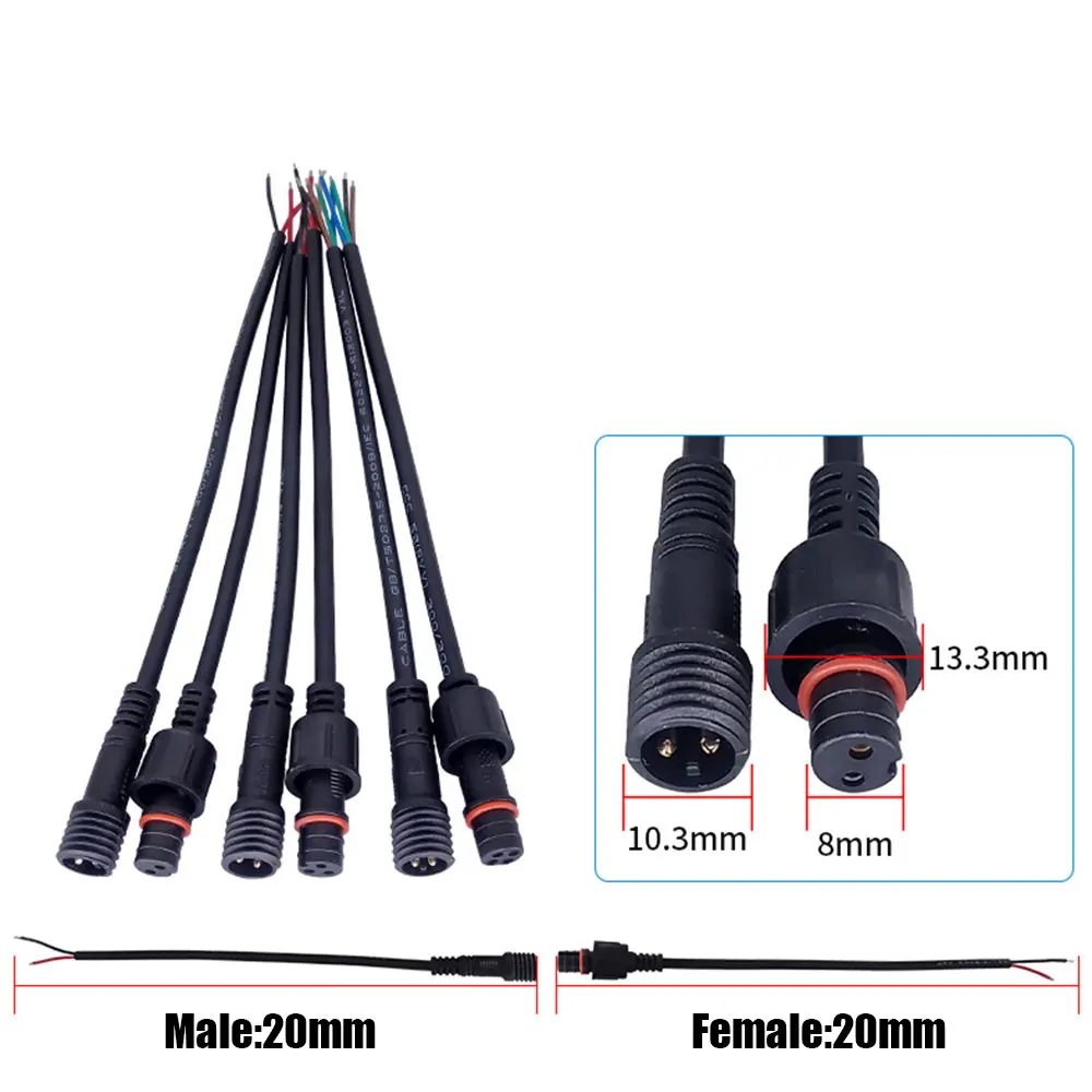 1pair Waterproof 20cm 2pin 3pin 4pin 5pin Jack Led Connector Male to Female IP68 22AWG Black Cable For LED Strips Light