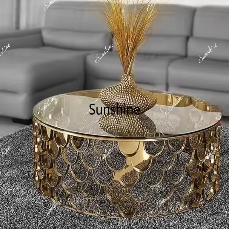 Modern fish scale stainless steel luxury glass coffee tableP