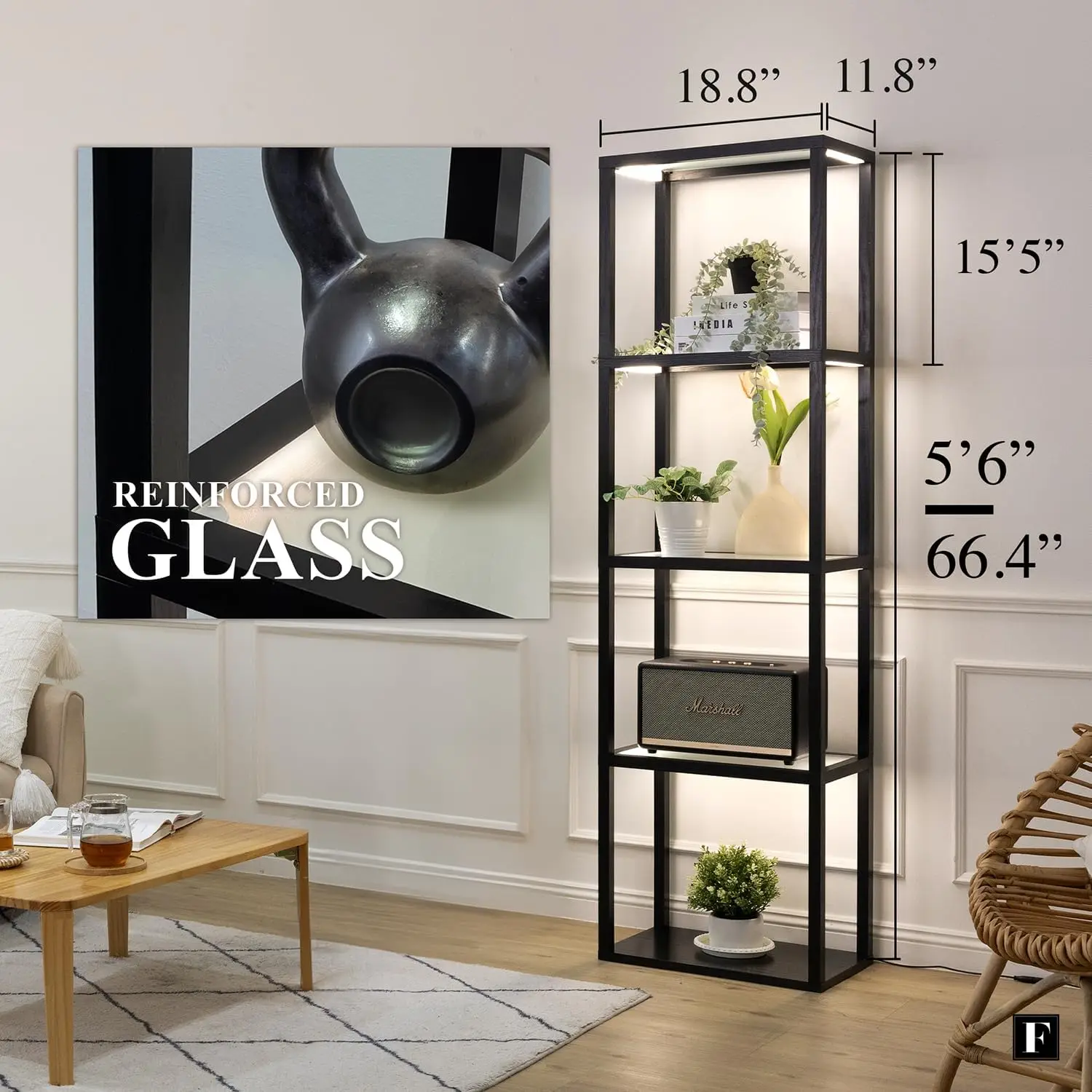 Fantasy Plus - Tall Display Shelf with Dimmable LED Floor Lamp, Sturdy Curio Cabinet with Glass Bookcase, Glass Display Shelves