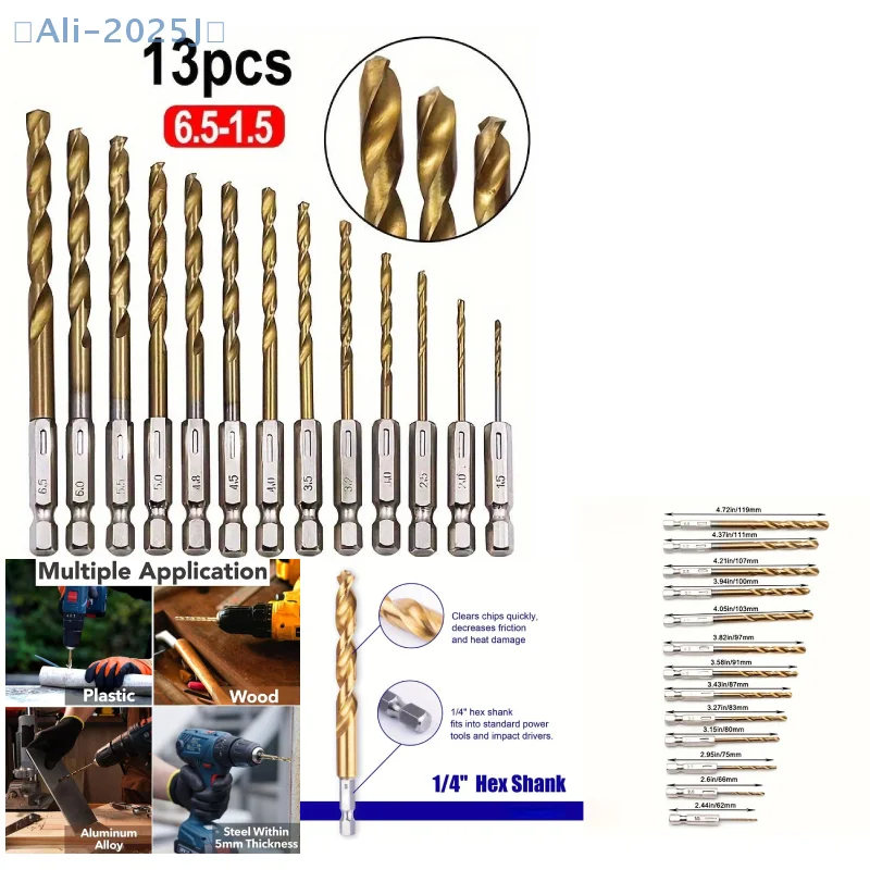 

13 шт. спиральная дрель с титановым покрытием 1,5-6,5 мм с шестигранной ручкой, электрическая дрель, отвертка для сверления, воздушная отвертка, набор аксессуаров для инструментов