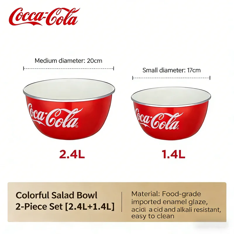 Coca-Cola Classic Emaille Kom van Koolstofstaal, Hittebestendig, Bacteriebestendig, Gemakkelijk Reinigbaar, Geschikt voor Inductie- en Gasfornuizen, Mengkom