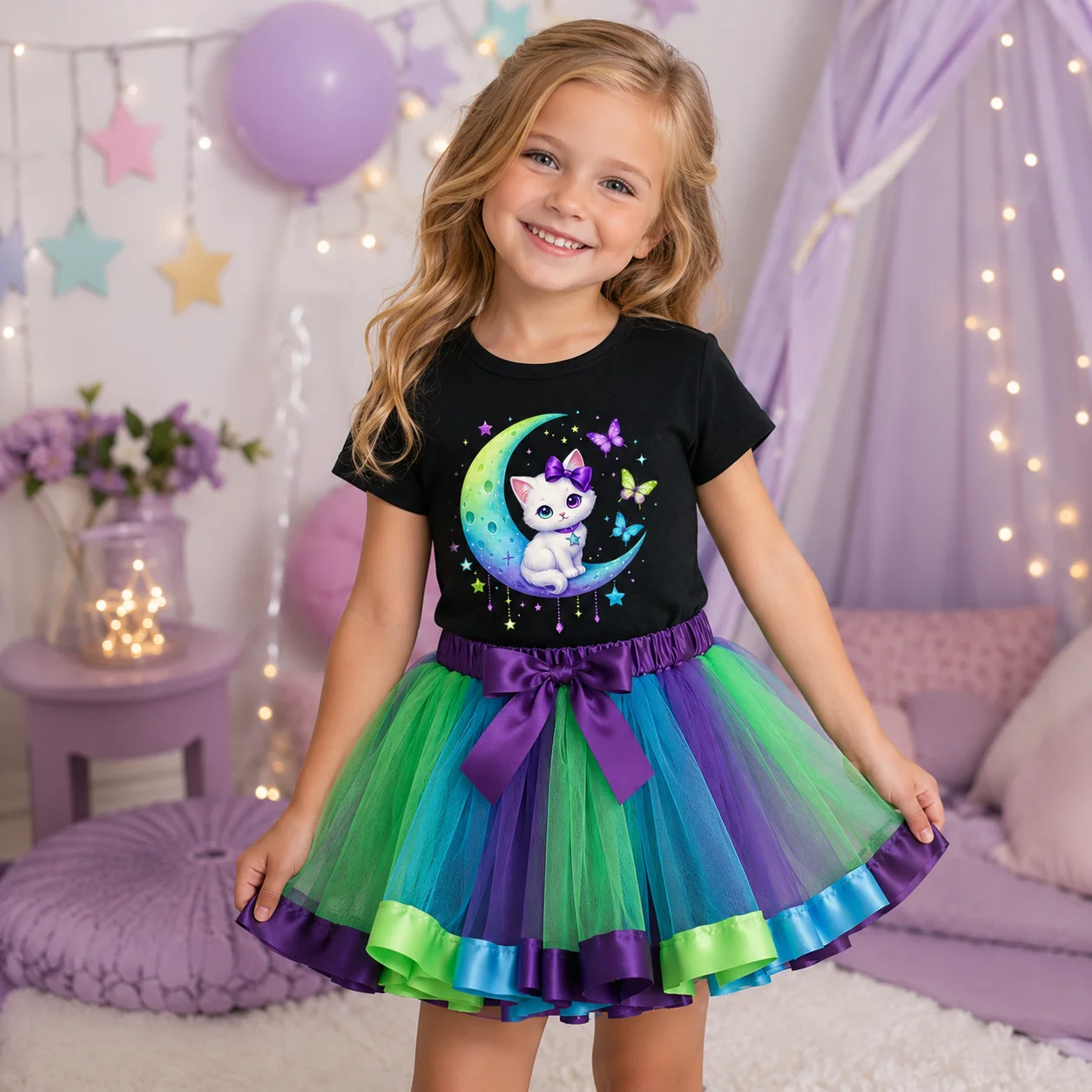 2-teiliges Mädchen-Outfit, niedliches weißes Katzen- und Mond-Schmetterlings-Print-Kurzarm-T-Shirt, buntes lila-grün-blaues Tutu-Rock-Set für Kinder, Geburtstag