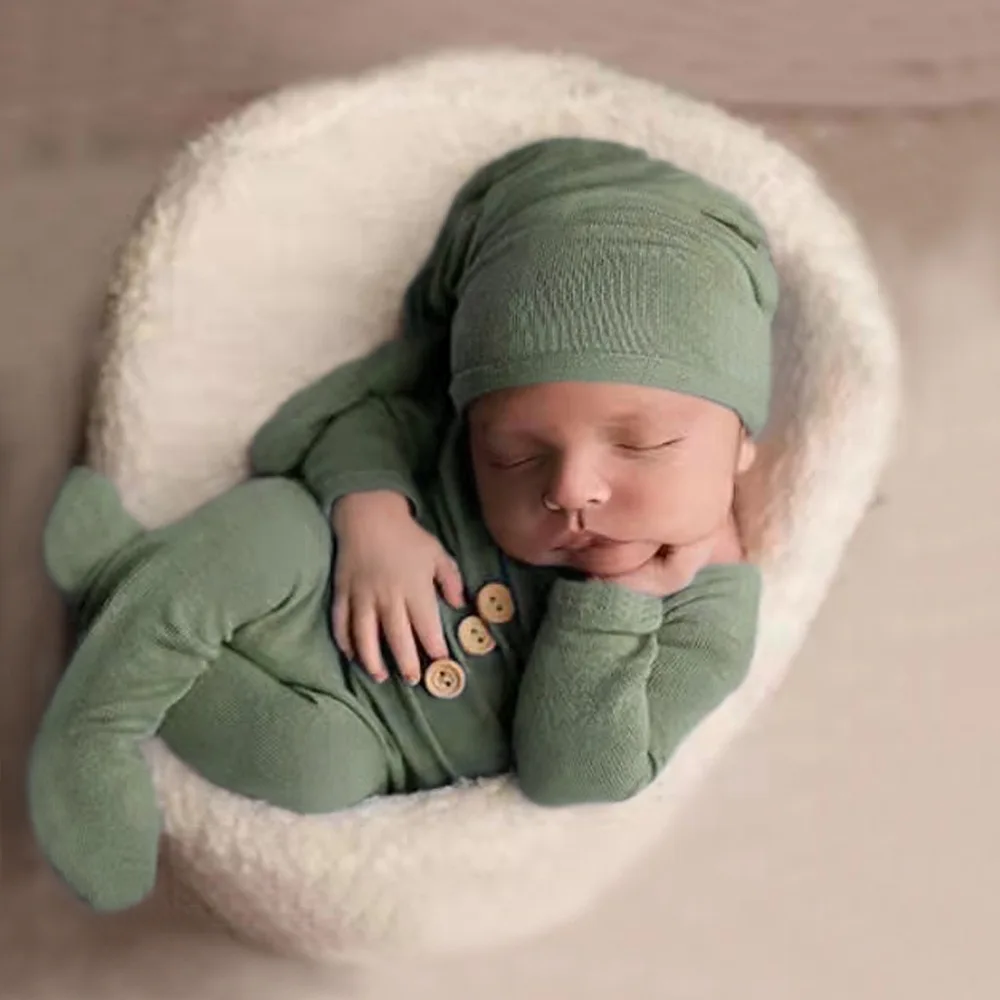 2Pcs Autumn Winter Long Sleeve Buttons Footed Jumpsuit Sleepy Hat Infant Photo Sweet Baby Jumpsuits Newborn Coming Home Outfit