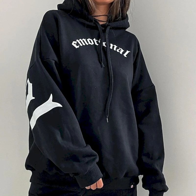 Gothic Graphic Hooded Sweatshirts Women Oversized Hoodies 2023 Autumn Y2k Streetwear Aesthetic Long Sleeve Loose Tops Female