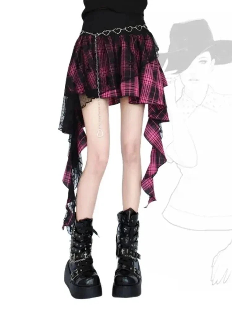 New Irregular Fashion Y2K Checkered Half Skirt Summer Harajuku Punk Retro Japanese Sweet Pull Slim Women's A-line Short Skirt