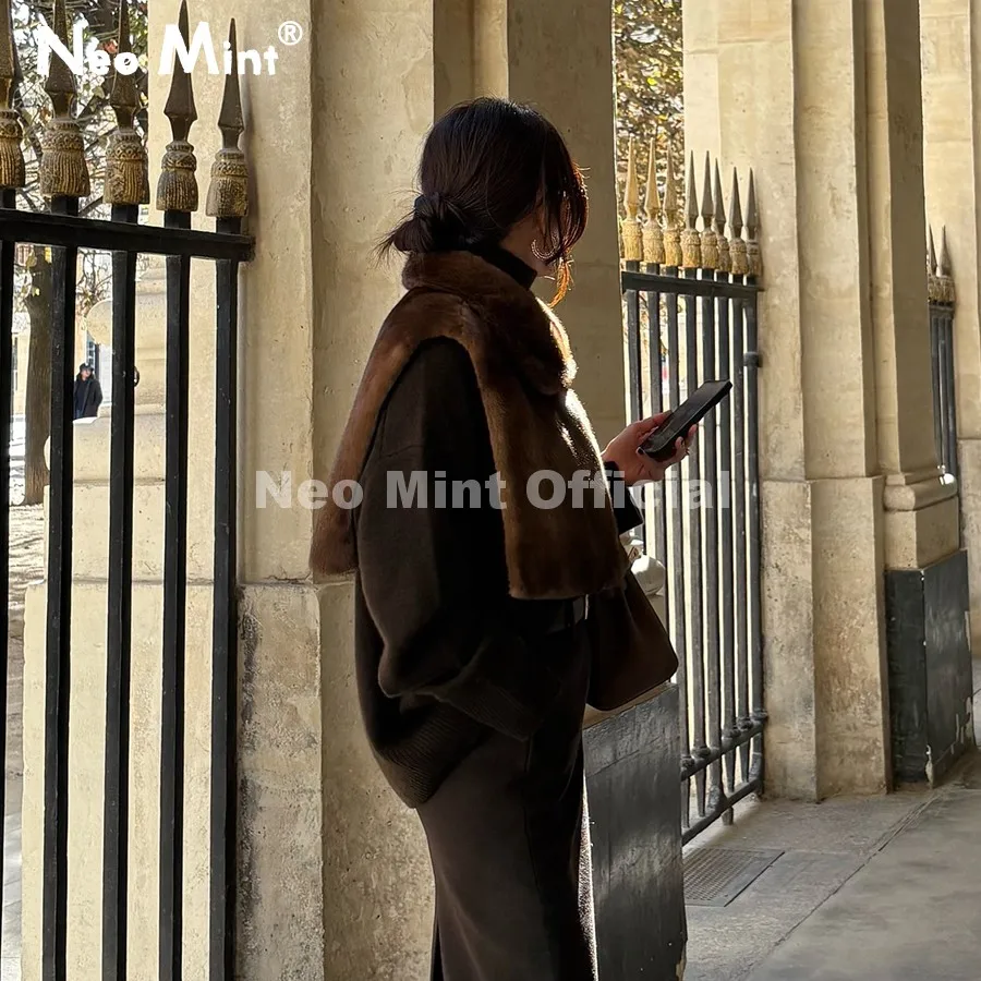 Neo Mint 2026 Trendy Striped Brown Sable Faux Mink Fur Shrug Collar Vest Women Sleeveless Cropped Fur Coat Jacket Tank Crop Tops