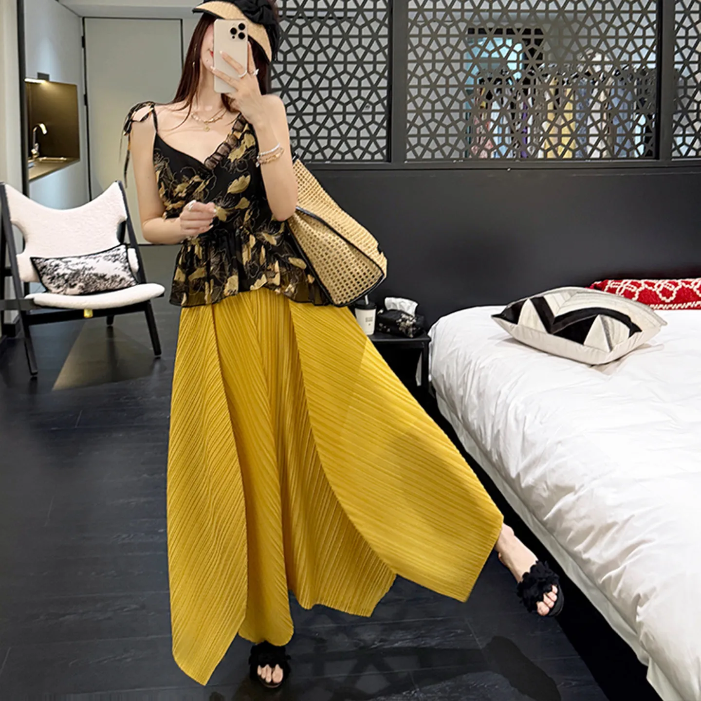 

Miyake Pleated 2026 New Spring and Summer Fashion Yellow Irregular Hem Half-body Skirt Women Pleated Long Skirt To Cover Meat