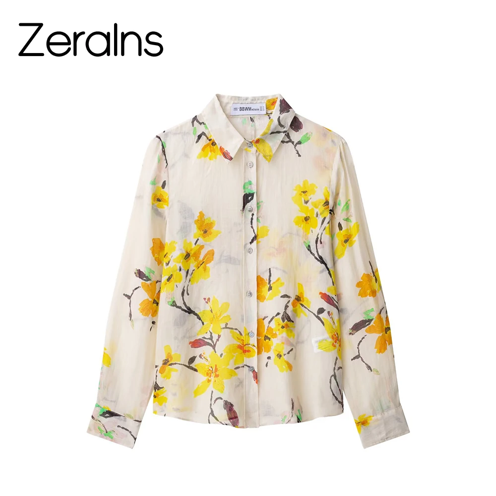 

ZERAINS 2025 Summer New Women's Wear European and American Style Ramie Flower Print Long Sleeve Shirt Top