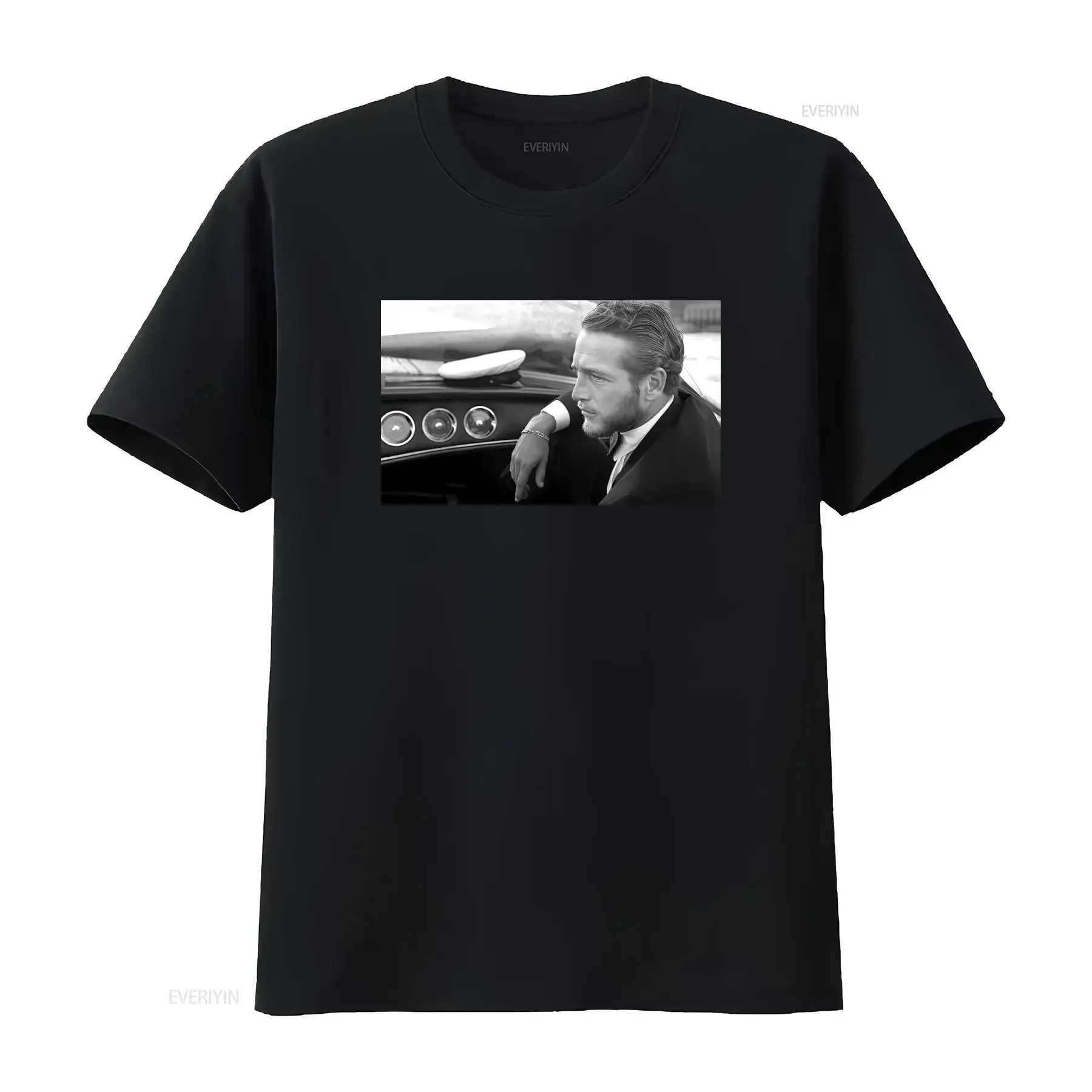 T-shirt décontracté vintage noir et blanc avec imprimé voiture classique pour homme, unisexe, légèrement délavé, confortable