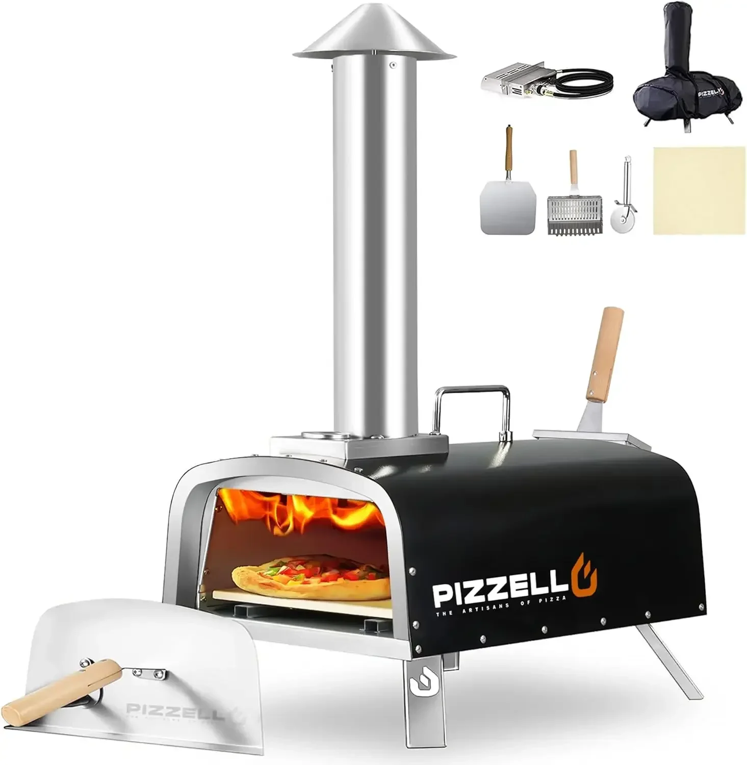 Horno de Pizza de propano y madera para exteriores, horno multicombustible con quemador de Gas, bandeja de madera, piedra para Pizza, 12"