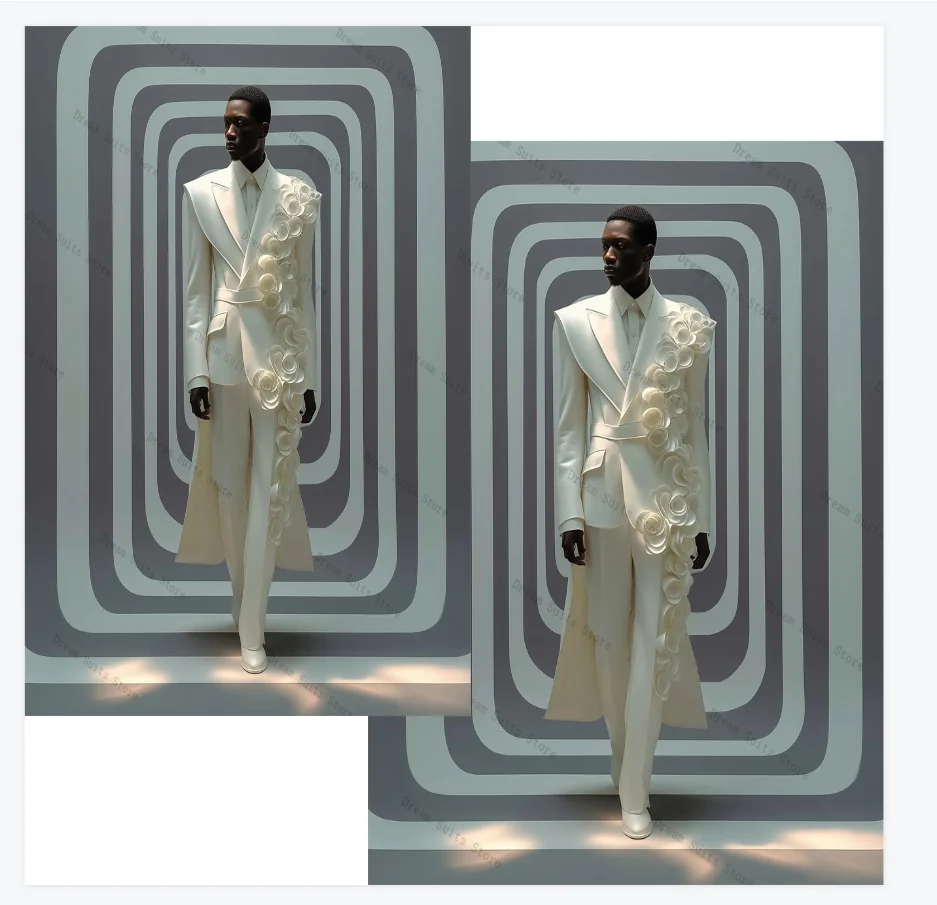 White Hi-Lo Men Suit Set 2 Piece Blazer+Pant Trousers 3D Flower Cotton Customized Formal Office Jacket Groom Wedding Tuxedo Coat
