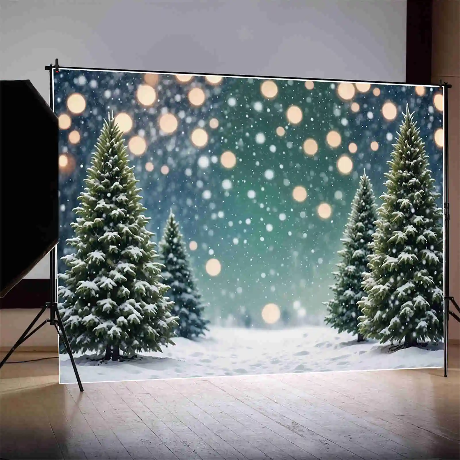 MOON.QG Snow Winter Green Backgrounds Pine Trees Field Outdoor Christmas Children Backdrops Custom Party Decor Photography Props