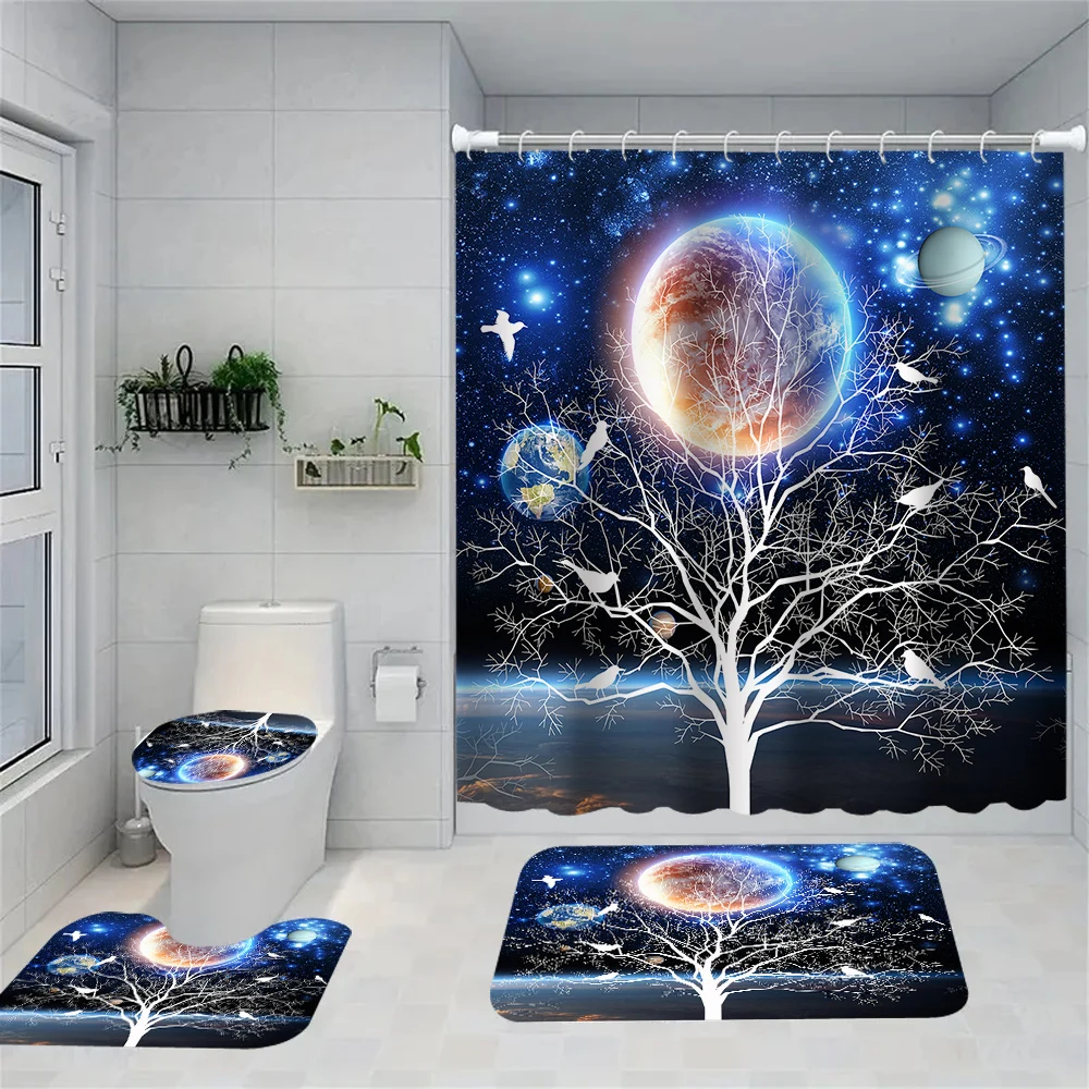 

1/4 Planet Trees shower Curtains, Toilet Seat Decoration, Shower Curtain with Carpet and Toilet Lid, 12 70.8x70.8 inch Hooks