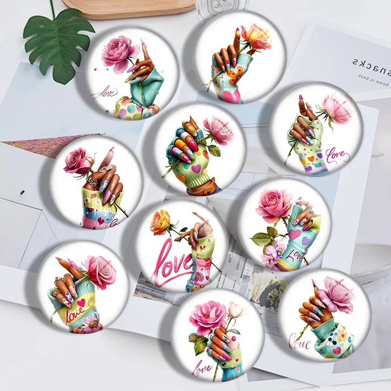 Love Rose Hand 10pcs 12mm14mm/16mm/18mm/20mm/25mm Round Photo Glass Cabochon Demo Flat Back Making Findings Jewelry