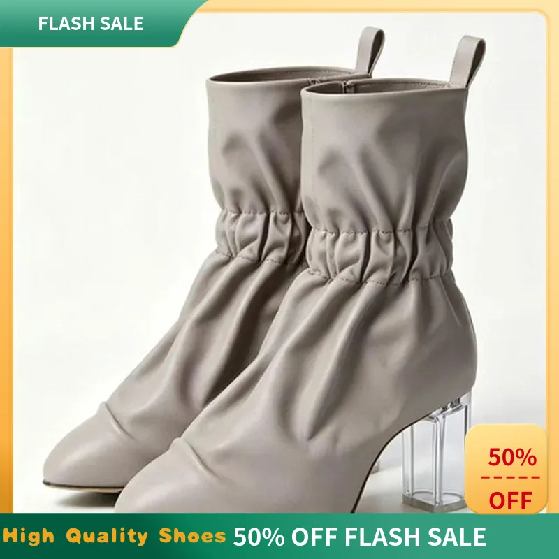 Plus Size 36-43Autumn Women  Ankle Boots Pointed Toe Block Heel Slip On Short Booties Gray PU Leather Daily FashionF 405