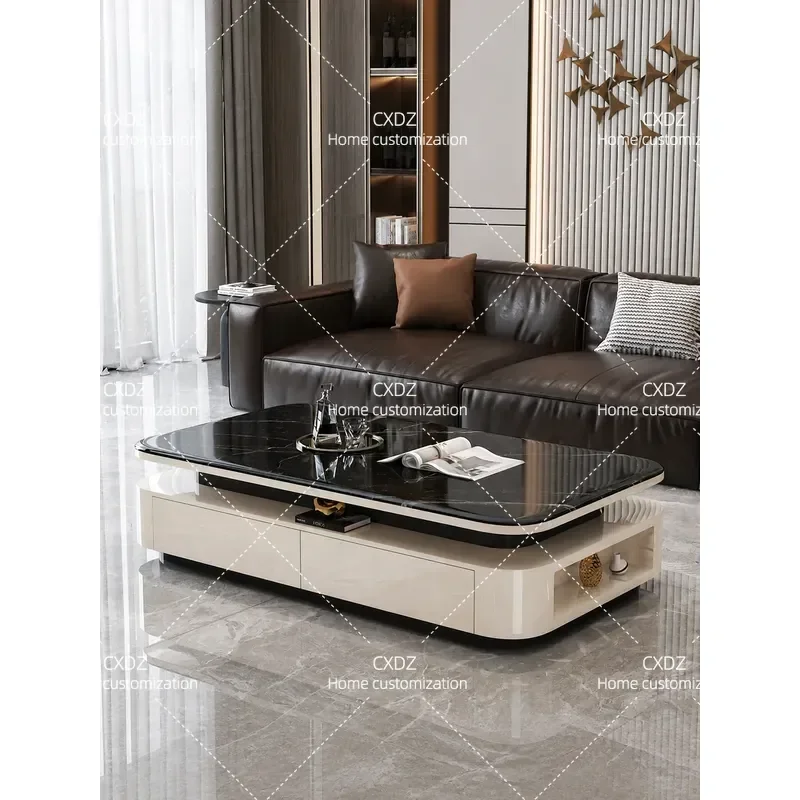 Solid Wood Piano Finish Microcrystalline Stone Coffee Table Modern Minimalist Rectangular Storage High End Living Room