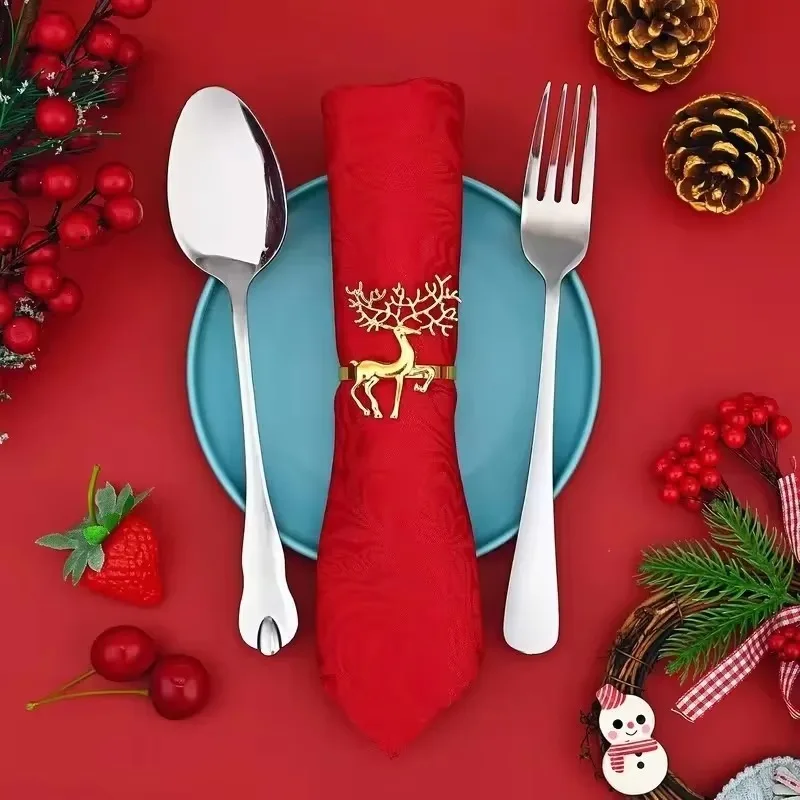 6/12/24PCS Christmas Reindeer Napkin Rings Gold Silver Napkin Holders Holiday Dining Table Decor Wedding Dinner Party Supplies