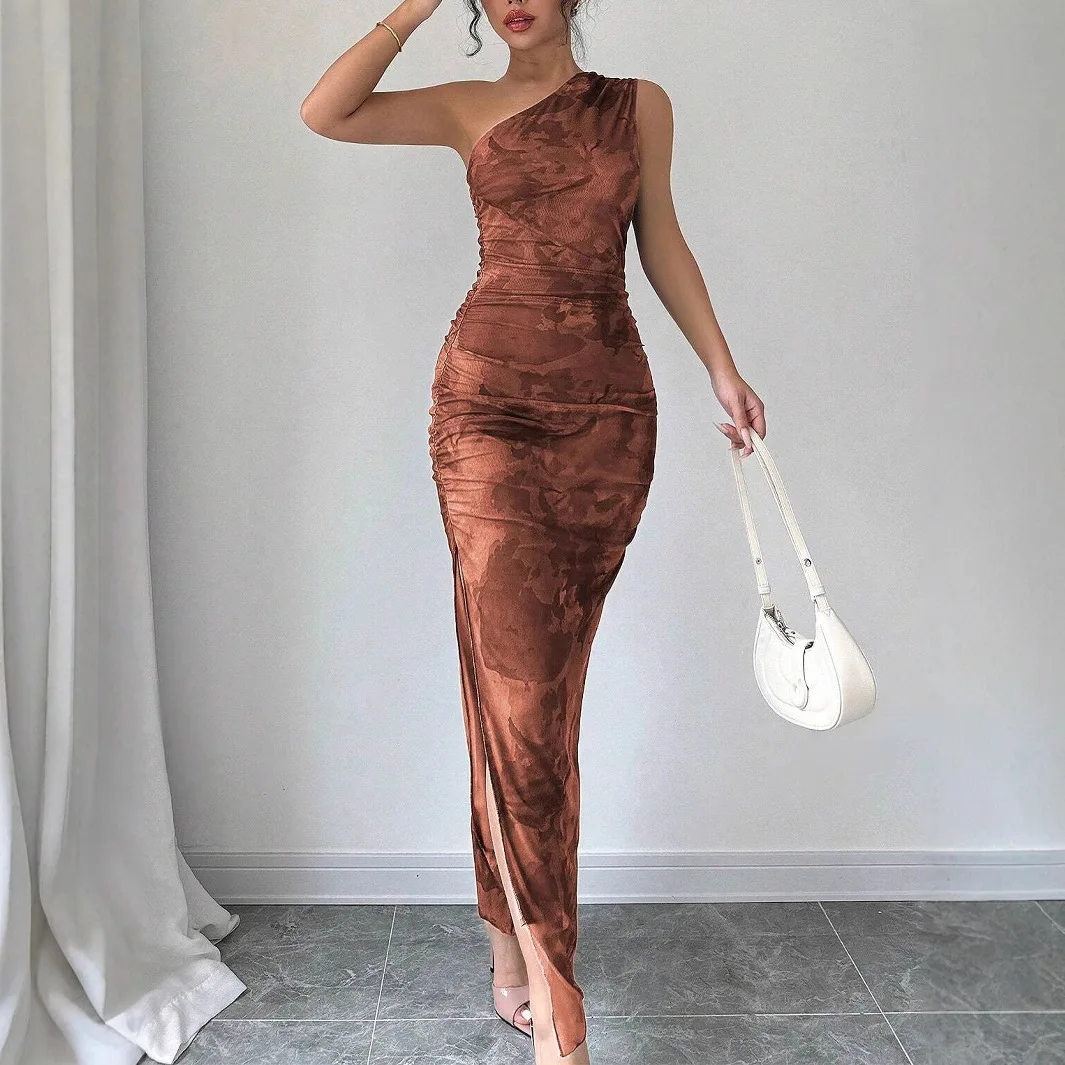 Mulheres elegantes marrom inclinado gola de ombro sem mangas floral impressão lateral fenda vestido apertado verão moda magro ajuste vestidos de festa