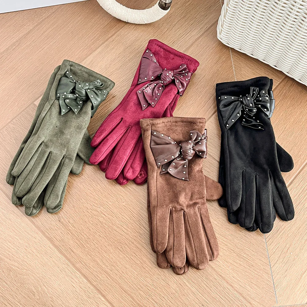 

Autumn and Winter New Suede Gloves Touch Screen Warm Riding Thick Korean Version Bow Gloves
