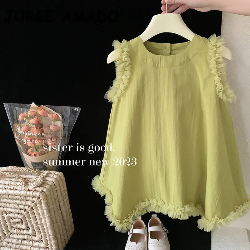 Sommerliches Mädchen-Freizeitkleid, Ärmelloses Grünes Tüllkleid mit Rüschensaum und Pilzkanten-Verzierung, A-Linien-Kleid für Kinder E23074