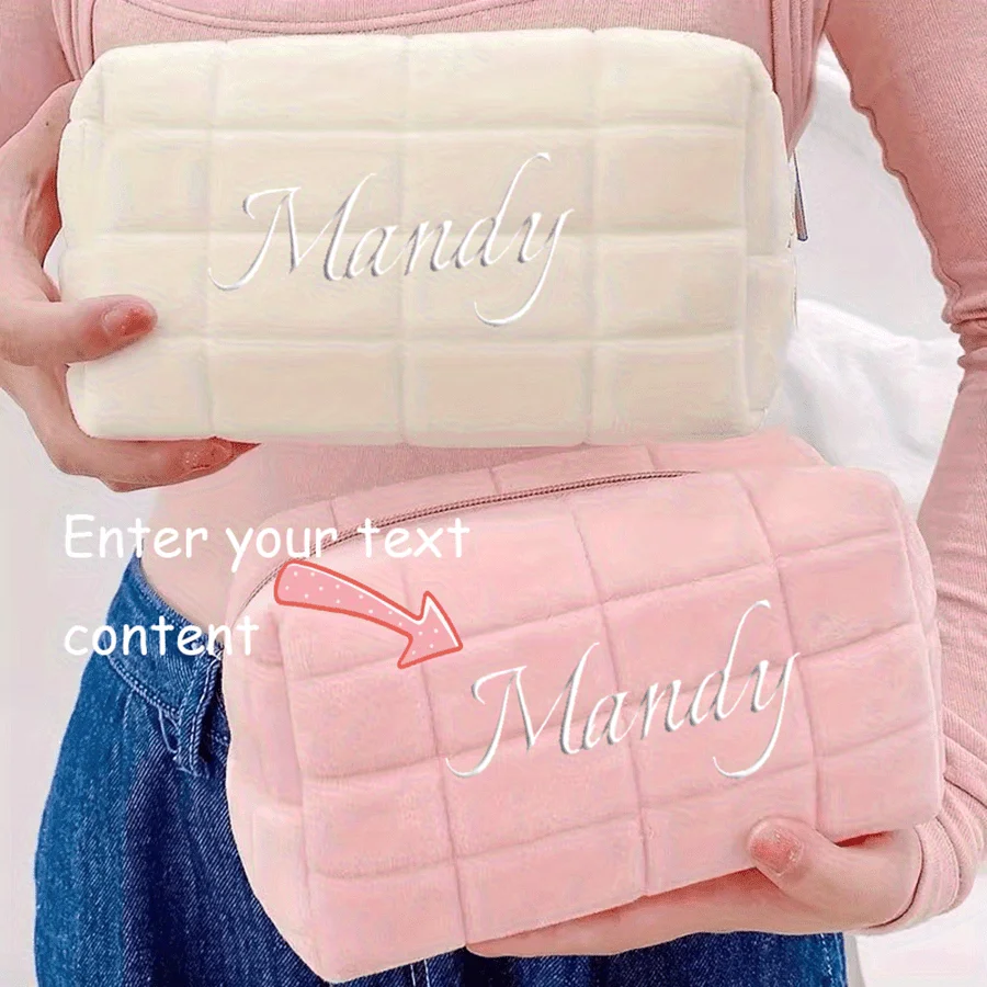 Sac de rangement cosmétique en fourrure unie personnalisé avec nom, pour femme, avec fermeture éclair, organiseur de maquillage, sac à main, trousse à crayons, trousse de toilette de voyage