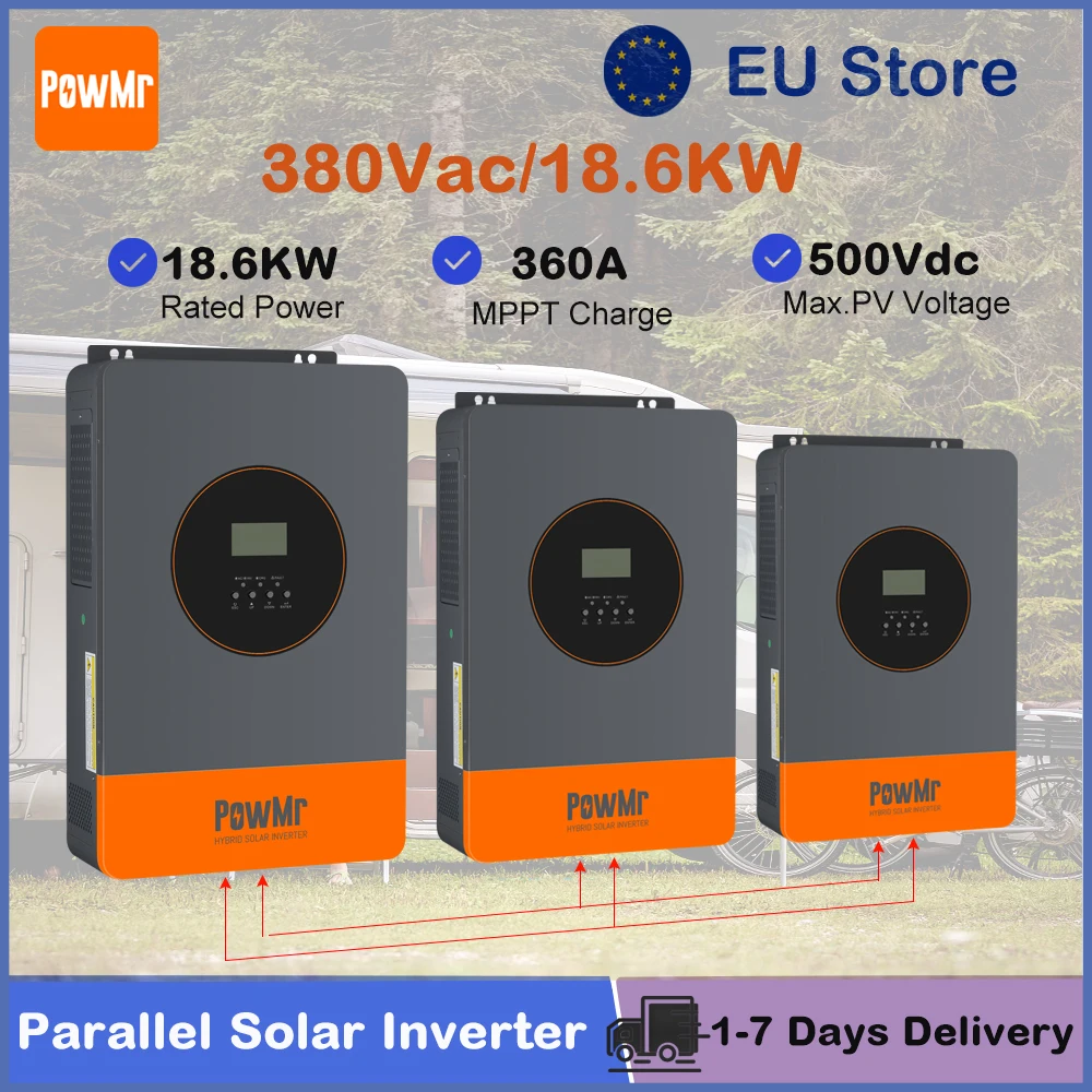 Inverter solare ibrido trifase PowMr da 18,6KW 48V CC a 380V con caricatore solare MPPT, inverter di potenza parallelo, adatto per l'uso con batterie al litio per la casa
