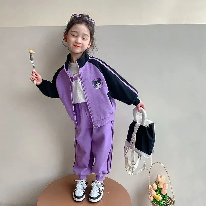 Sanrio Cartoon Kuromi Print Clothing Sets for Children Girls Jacket + Long Pants 2piece Autumn Baby Kids Teen Sweatsuits