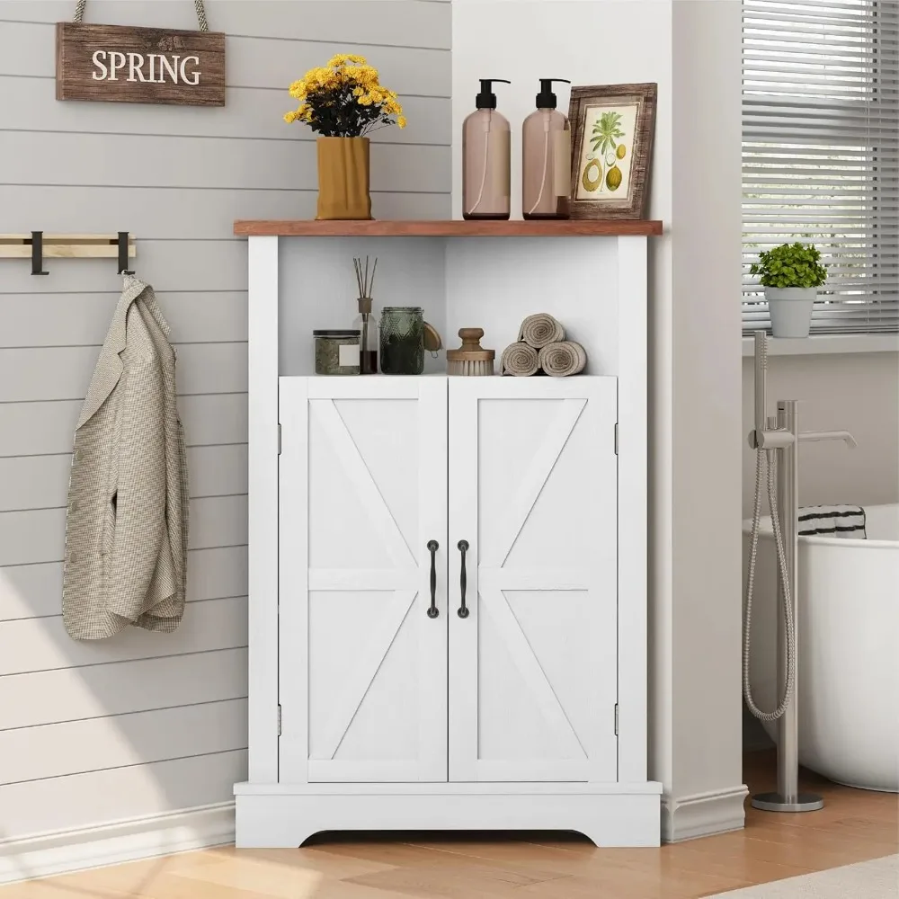 

Bathroom Corner Storage Cabinet, Farmhouse Floor Corner Cabinet with Barn Door and Adjustable Shelf, White Narrow Cabinet