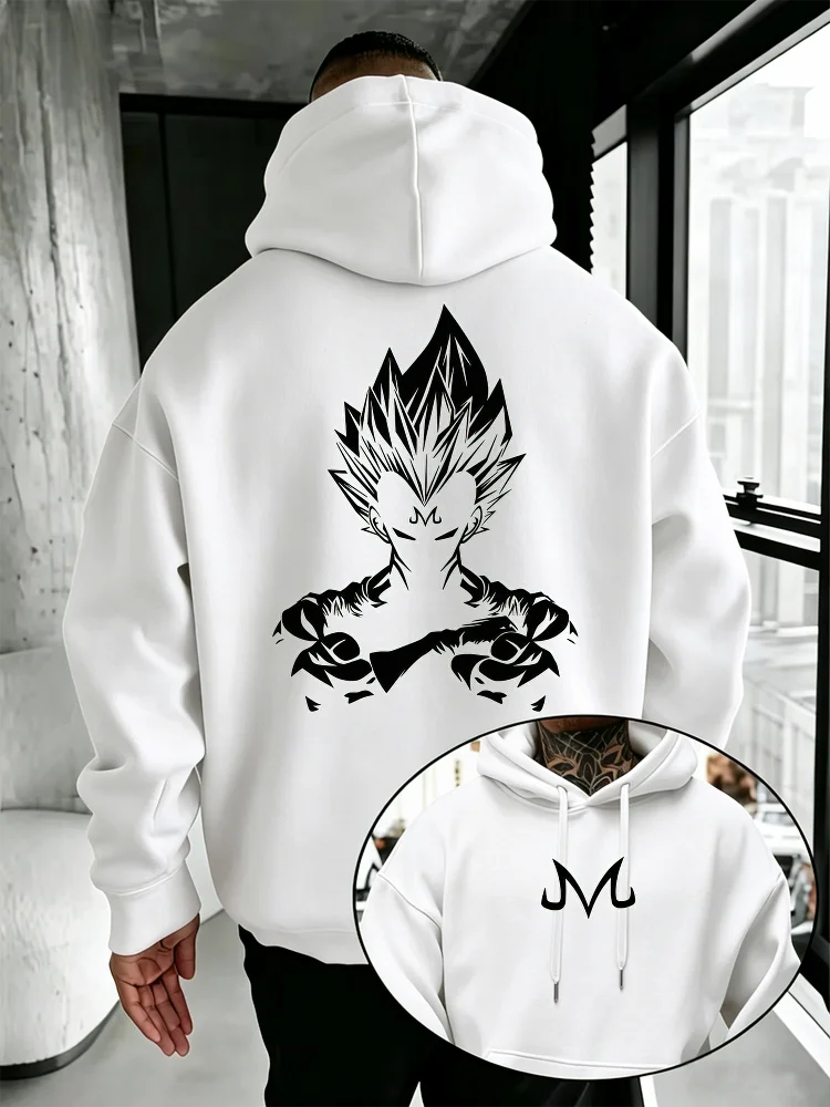 Dragon Ball Majin Vegeta Anime Hoodie Men Front Back Double Print Oversized Drawstring Hooded Sweatshirt Pocket Street Top