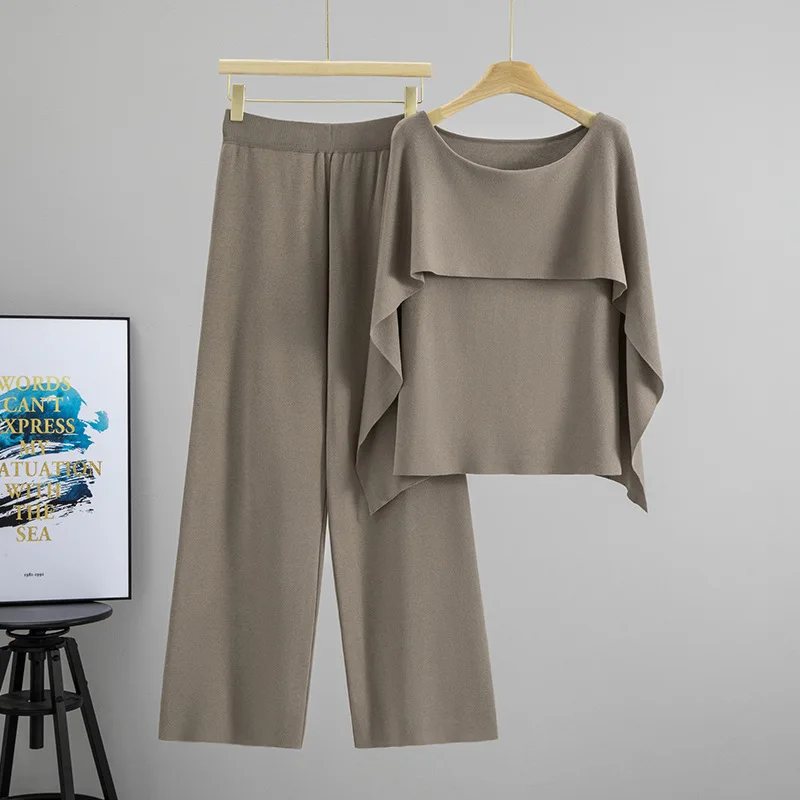Women Pullover Suit Knitted Sweater Wide Leg Pants 2 Piece Set Shawl Spliced Top Knit Trousers Ensemble Autumn Winter Outfits